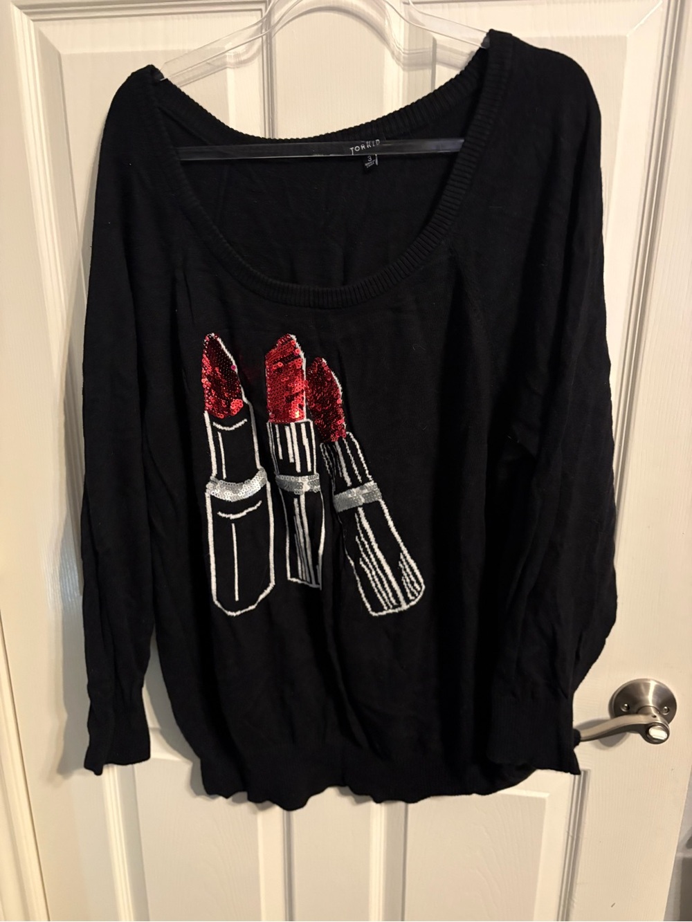 36- torrid Black Sweater with Red Sequin Lipstick Motif